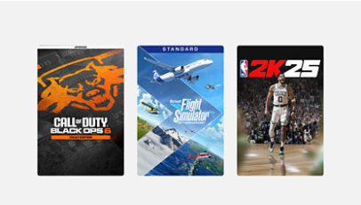 Digitale Xbox-Spiele NBA 2K25, Flight Simulator Standard Edition und Call of Duty Black Ops 6 Vault Edition.