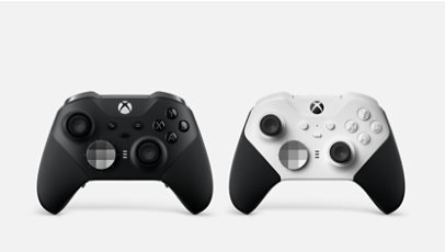 Manettes sans fil Xbox Elite Series 2 en noir et blanc.