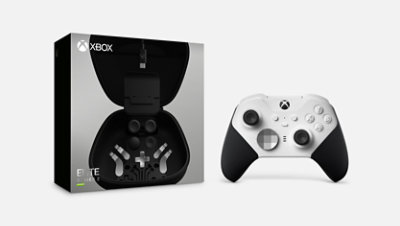Ein Xbox Elite Wireless Controller Series 2 in Weiß und das Complete Component Pack.
