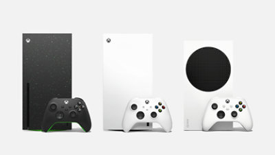 Xbox Series S, Galaxy, and Series X, with controllers, standing side by side. 