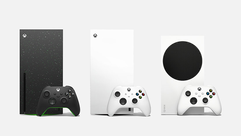 Xbox Series S, Galaxy, and Series X, with controllers, standing side by side.