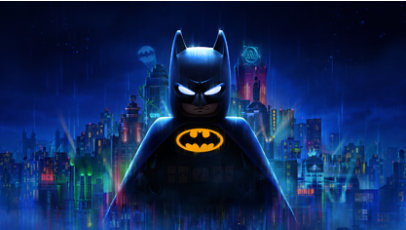 Game art for Lego Batman featuring the Lego Batman in the foreground against a backdrop of a city landscape at night in the background.