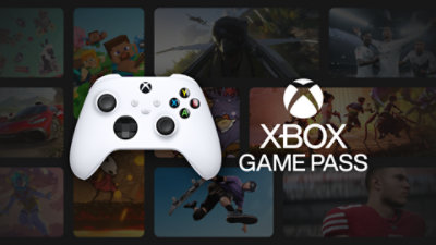 A white Xbox Controller and game art from games included in Xbox Game Pass.