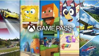 Xbox Game Pass logo with various video game character background.