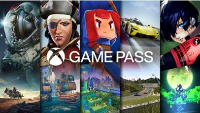 Xbox Game Pass logo with various video game character background.