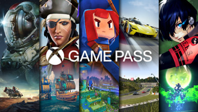 Logo Xbox Game Pass avec divers arrière-plans de personnages de jeux vidéo. 