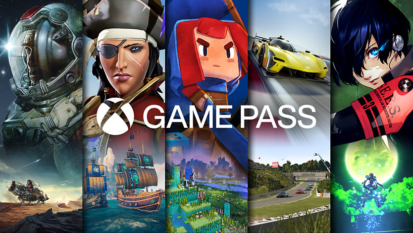 Xbox Game Pass-Logo mit verschiedenen Videospielcharakteren im Hintergrund.