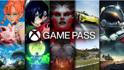 Logotipo de Xbox Game Pass con varios antecedentes de personajes de videojuegos.