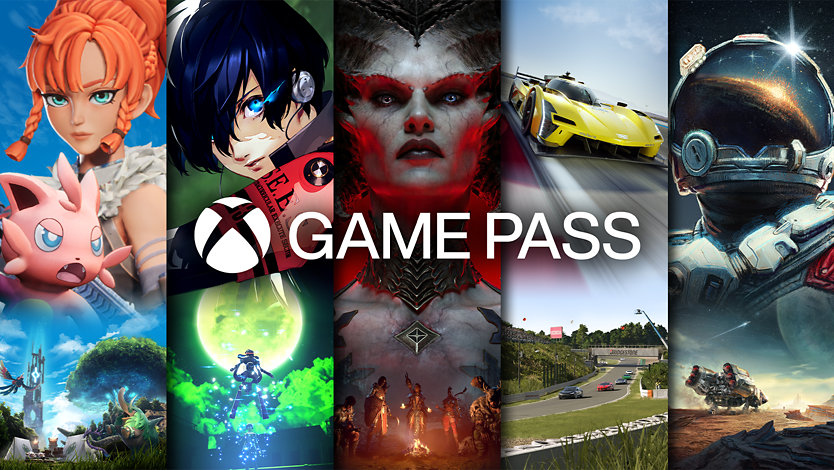 Logo Xbox Game Pass avec différents personnages de jeux vidéo en arrière-plan.