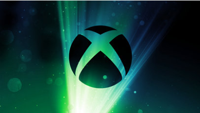Xbox logo with green and blue light streaks on a dark background