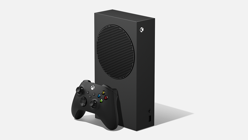 Vue avant inclinée droite de la Xbox Series S – 1 To (Noir) devant un arrière-plan gris.