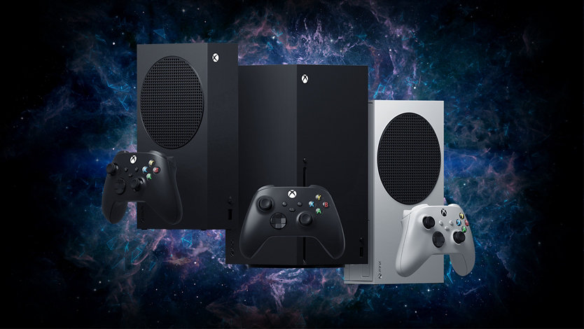 An Xbox Series S 1 T B Console in Black, an Xbox Series X and an Xbox Series S in White. 