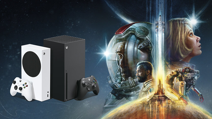 Xbox Series S and Xbox Series X consoles with the video game characters from "Starfield."