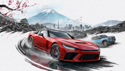 Game art for Forza Horizon 6 featuring a red sports car and a blue SUV in a landscape with the skyline of Tokyo in the background and Mount Fuji in the distance beyond.