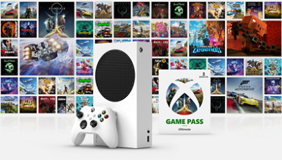 Xbox Series S 本体と、いくつかの Xbox ゲームの画像。