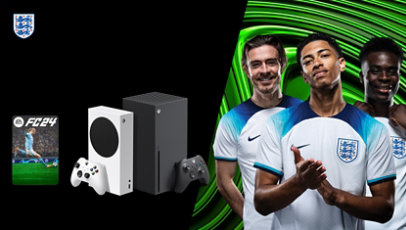An Xbox Series S and Xbox Series X with EA Sports FC 24 shown with 3 male athletes from the FA England Team. 