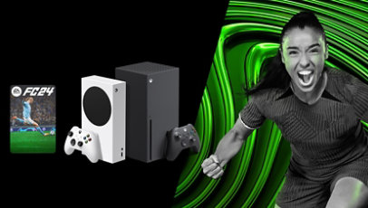 Une Xbox Series S et Xbox Series X avec EA Sports FC 24 à côté d'une athlète.