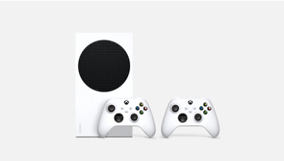 Xbox Serie S Konsole und 2 weiße Xbox Wireless Controller.