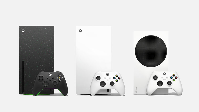 Une Xbox Series X 2 To Édition Spéciale noir Galaxie, une Xbox Series X 1 To Édition Numérique blanche et une Xbox Series S 1 To blanche. 