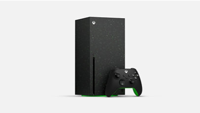 Xbox Series X Edición especial Galaxy Black y mando inalámbrico.