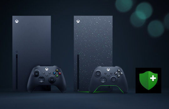 A black Xbox Series X console and a green and black Xbox Series X 2 TB Galaxy edition console. 