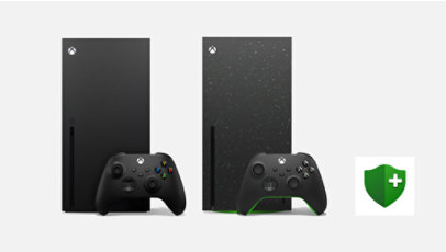 A black Xbox Series X console and a green and black Xbox Series X 2 TB Galaxy edition console.