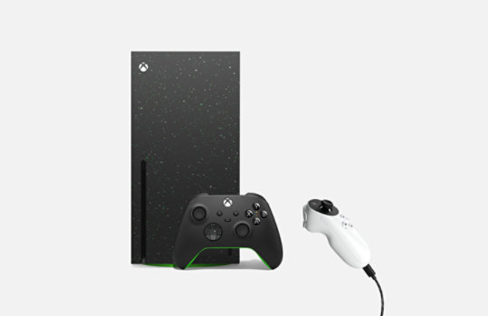 An Xbox Series X Galaxy and an adaptive joystick controller.
