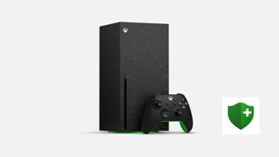 A black and green Xbox Series X Galaxy edition.
