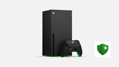 A black and green Xbox Series X Galaxy edition.