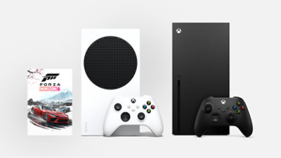 Eine Kachel mit der Key Art des Spiels Forza Horizon 6 neben einer Xbox Series S und einer Xbox Series X.