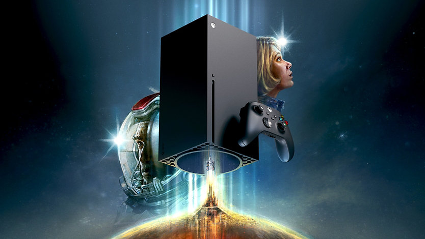 An Xbox Series X console with the video game characters from &quot;Starfield.&quot