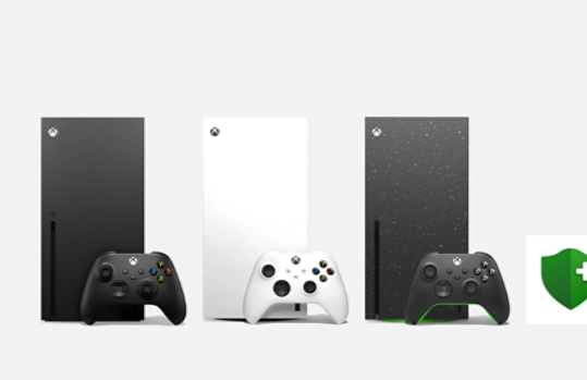A black Xbox Series X, a white Xbox Series X, and an Xbox Series X Galaxy Edition.