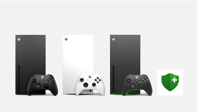 A black Xbox Series X, a white Xbox Series X, and an Xbox Series X Galaxy Edition.