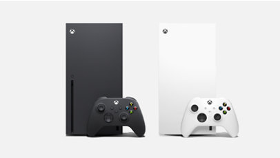 Xbox Series X 1 TB (Digital Edition) in Weiß und mit Laufwerk (Disc Drive Edition) in Schwarz.