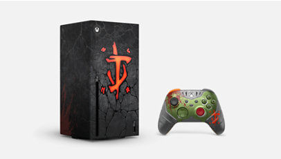 DOOM: The Dark Ages mit einer Xbox Series X Konsolenhülle und einem Xbox Wireless Controller.