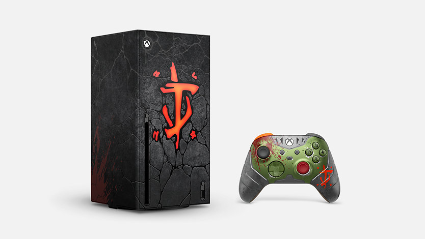 DOOM: The Dark Ages mit einer Xbox Series X Konsolenhülle und einem Xbox Wireless Controller. 