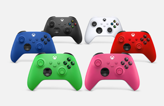 A front angle view of Xbox Wireless Controllers in various colors.