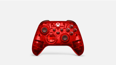 A translucent red Xbox Wireless controller in which you can see the inner workings.