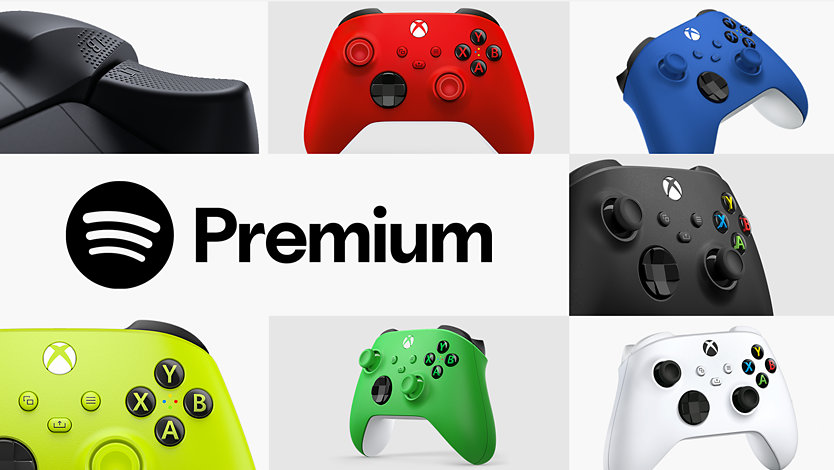 Manettes sans fil Xbox en différentes couleurs avec Spotify Premium.