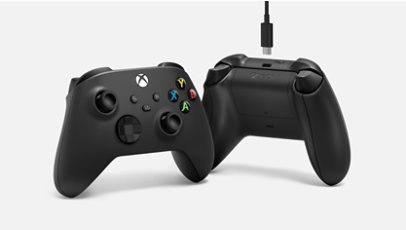 A pair of Xbox Wireless Controllers with USB-C Cable.