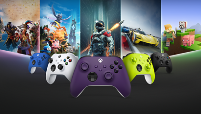 Xbox Wireless Controllers in verschiedenen Farben: Robot White, Astral Purple, Electric Volt, Shock Blue und Carbon Black.