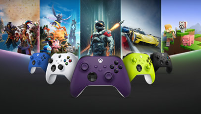 Una varietà di controller wireless Xbox con una selezione di giochi sullo sfondo.