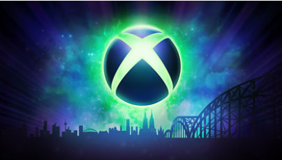The Xbox logo over a city skyline.