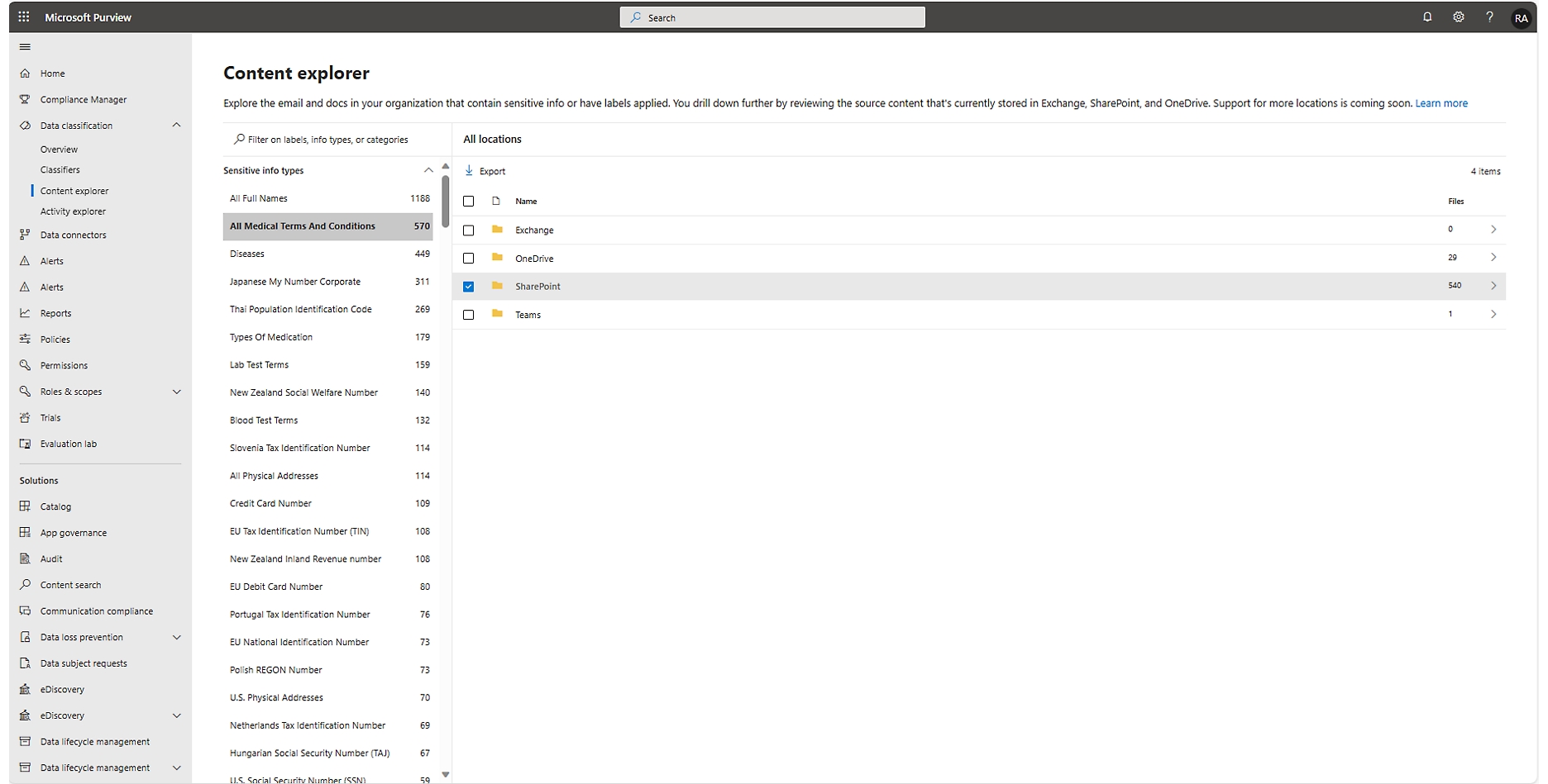 Interface do explorador de conteúdos do Microsoft Purview que mostra resultados filtrados para informações confidenciais em vários documentos