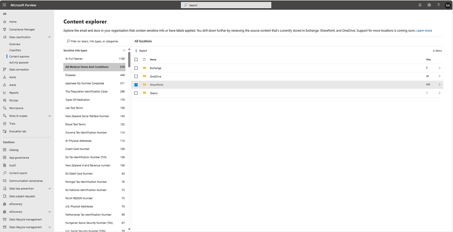 Microsoft purview content explorer interface showing filtered results for sensitive information in various documents