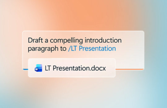 Microsoft 365 Copilot Chat window containing the following prompt: Draft a compelling introduction paragraph to /LT Presentation.