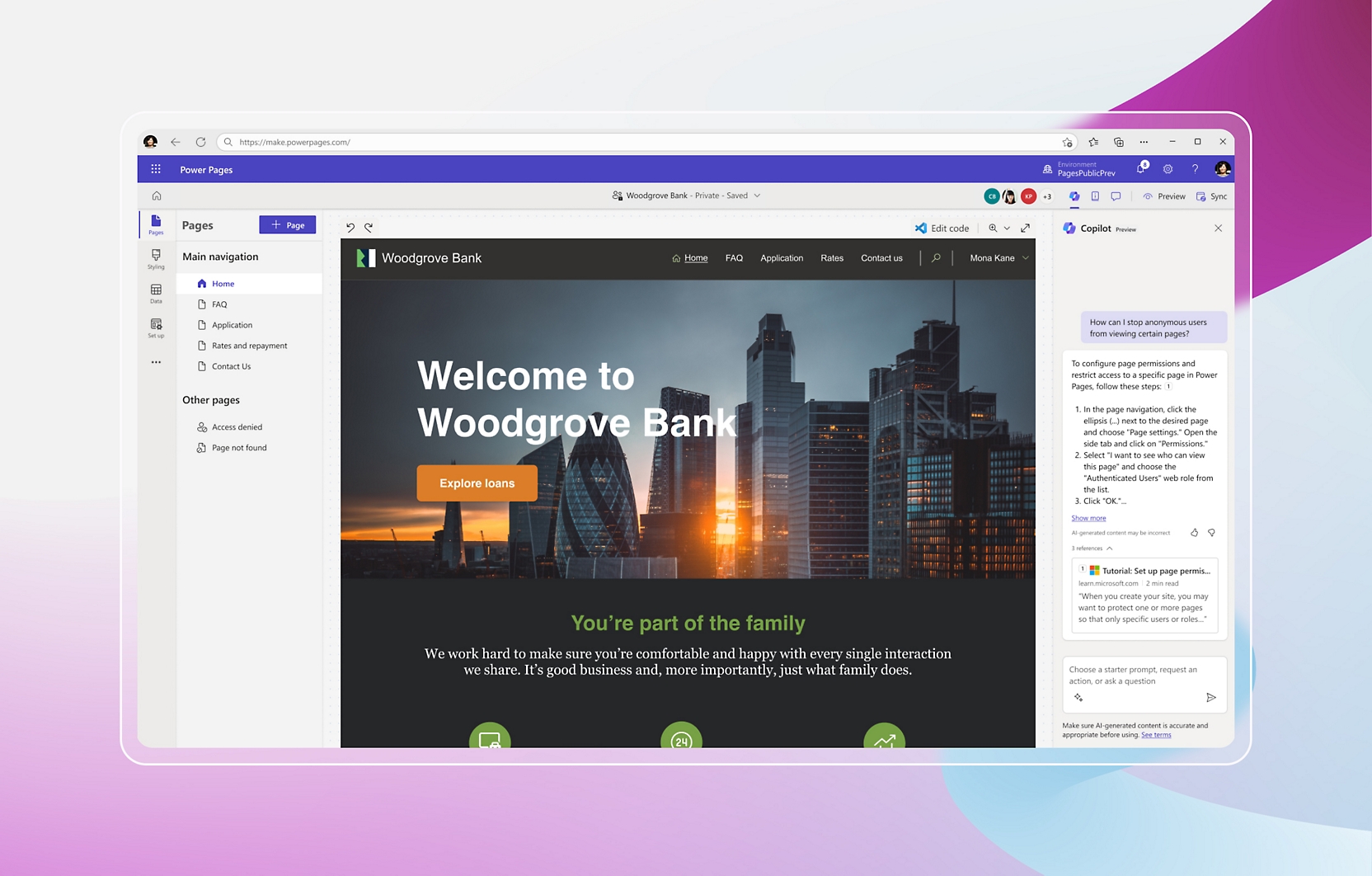Capture d’écran du site web de la banque Woodgrove
