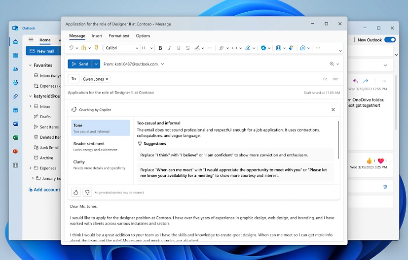 Captura de pantalla de la aplicación de correo electrónico de Microsoft Outlook.