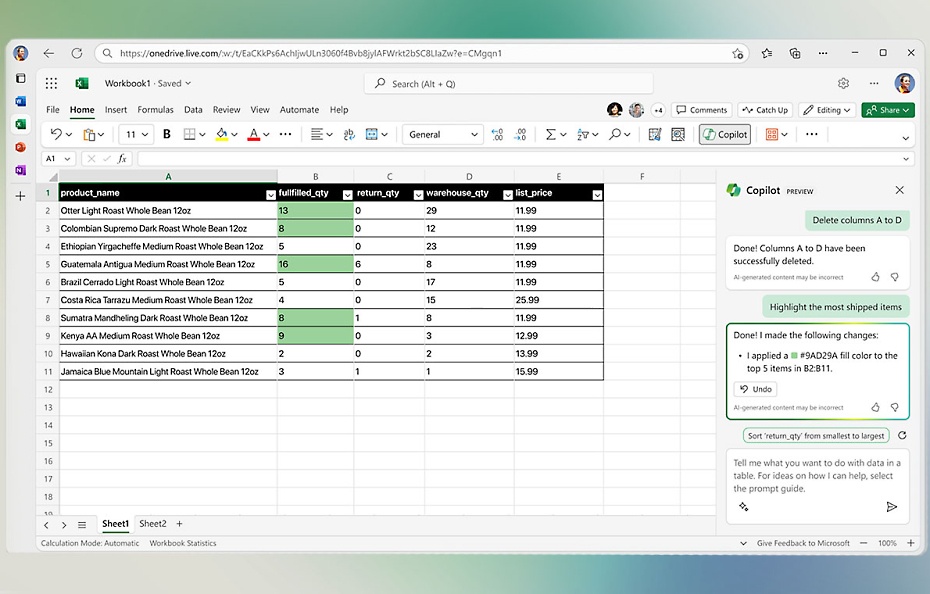 Екранна снимка на електронна таблица в Microsoft Excel.