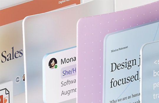 Stack of overlapping vertical cards displaying various content, including text snippets like 'Sales,' 'Design focused,' and code with CSS style tags.